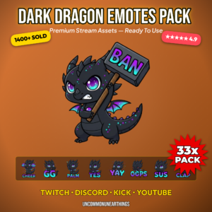 Dark Dragon Emotes Pack for Twitch Discord and YouTube 33 stream emotes cover - Uncommon Unearthings