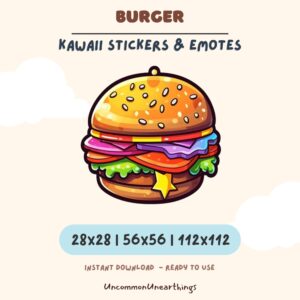 Cute kawaii burger sticker emote for Twitch Discord in colorful rainbow design with sesame seeds and happy expression.