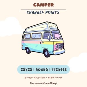 Colorful camper van emote icon in 28x28, 56x56, and 112x112 pixel sizes for Twitch and Discord channels