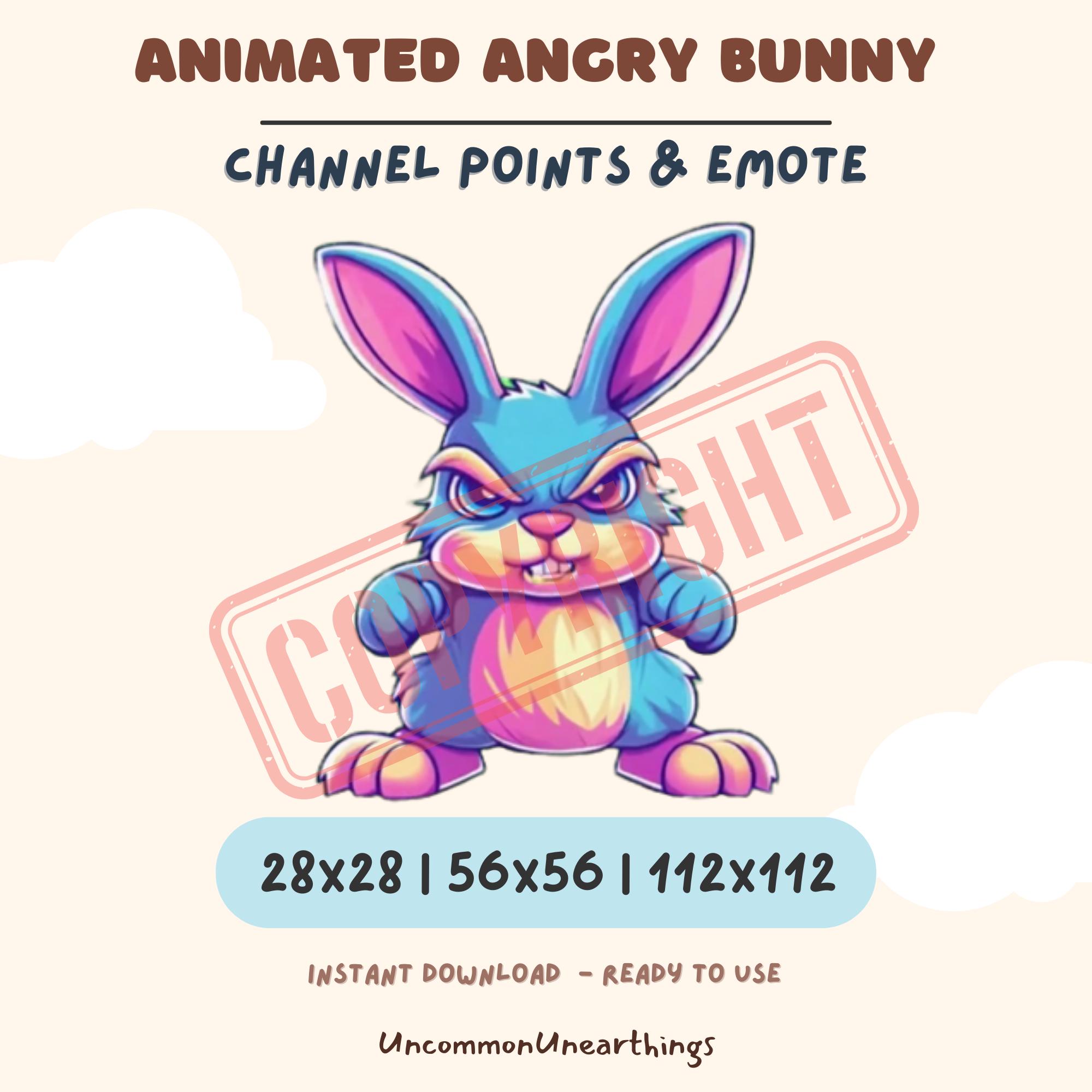 Animated angry bunny Twitch emote with channel points badge in 28x28, 56x56, 112x112 pixel sizes