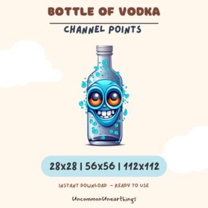 Animated bottle of vodka with glowing eyes and smile, Twitch channel points emote in 28x28, 56x56, and 112x112 pixel sizes