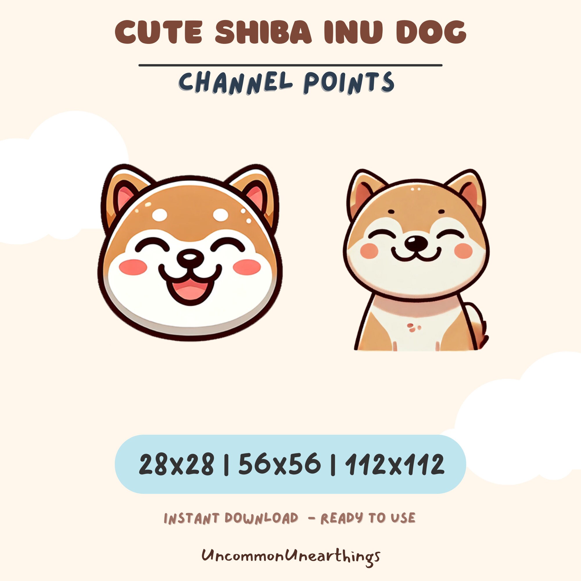 Cute Shiba Inu dog emote pack in 3 sizes (28x28, 56x56, 112x112) for Twitch and Discord channels