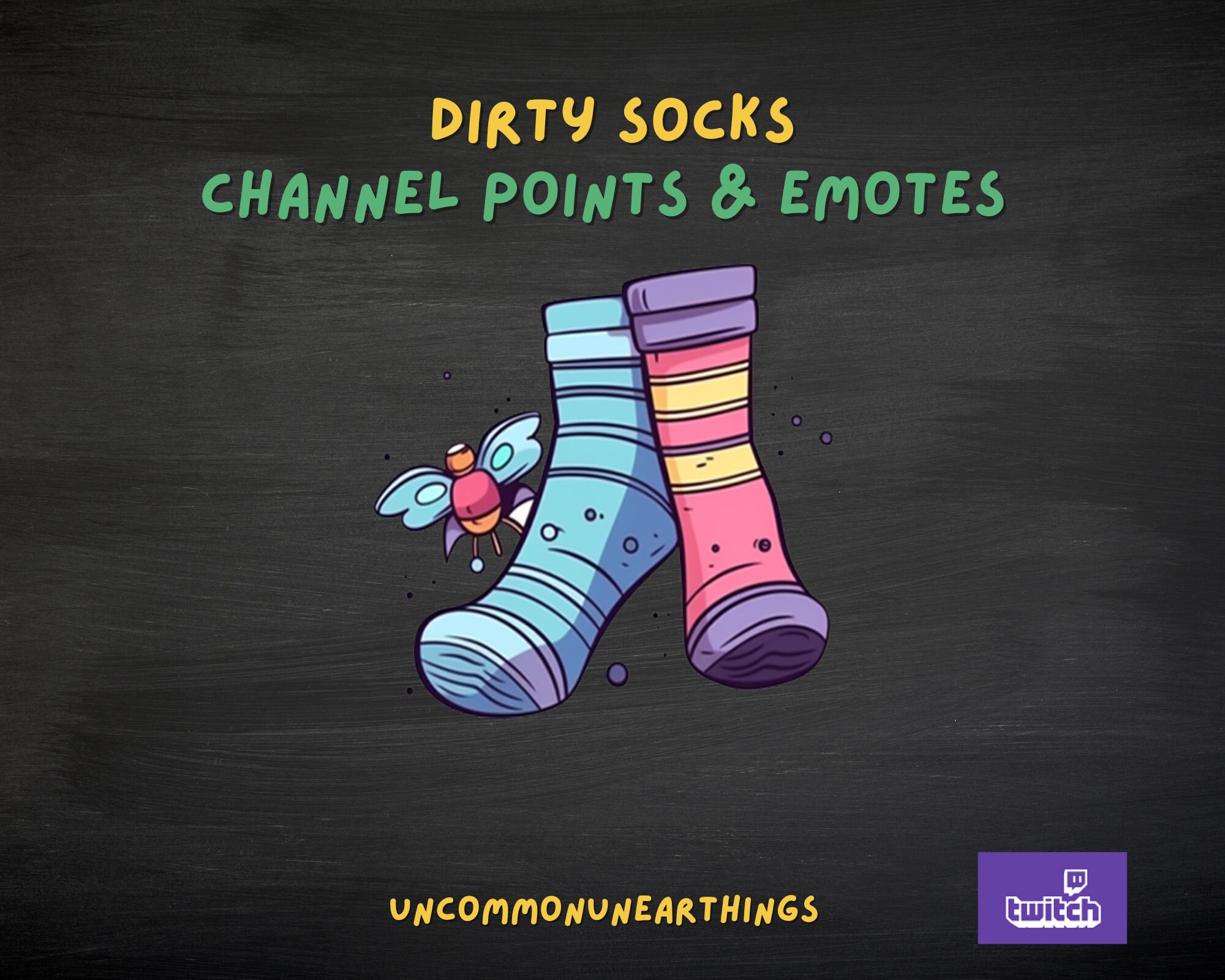 Dirty Socks Twitch channel points and emotes by uncommonunearthings - colorful striped socks with cute bug character