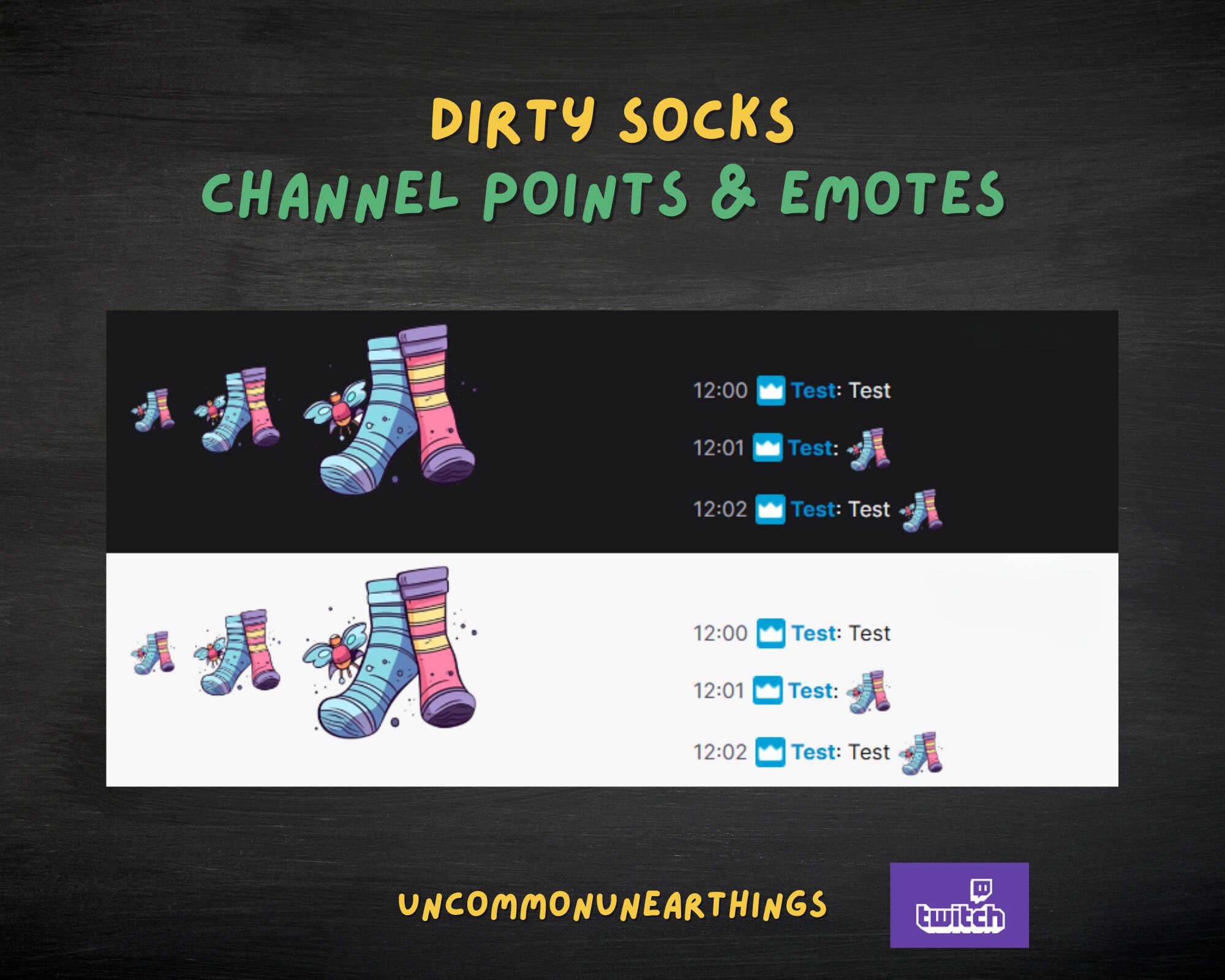 Dirty Socks Twitch emote set showing colorful striped socks in various sizes with channel points and chat emotes preview