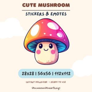 Cute smiling mushroom character sticker emote in red and pink with white spots, available in 28x28, 56x56, and 112x112 sizes.