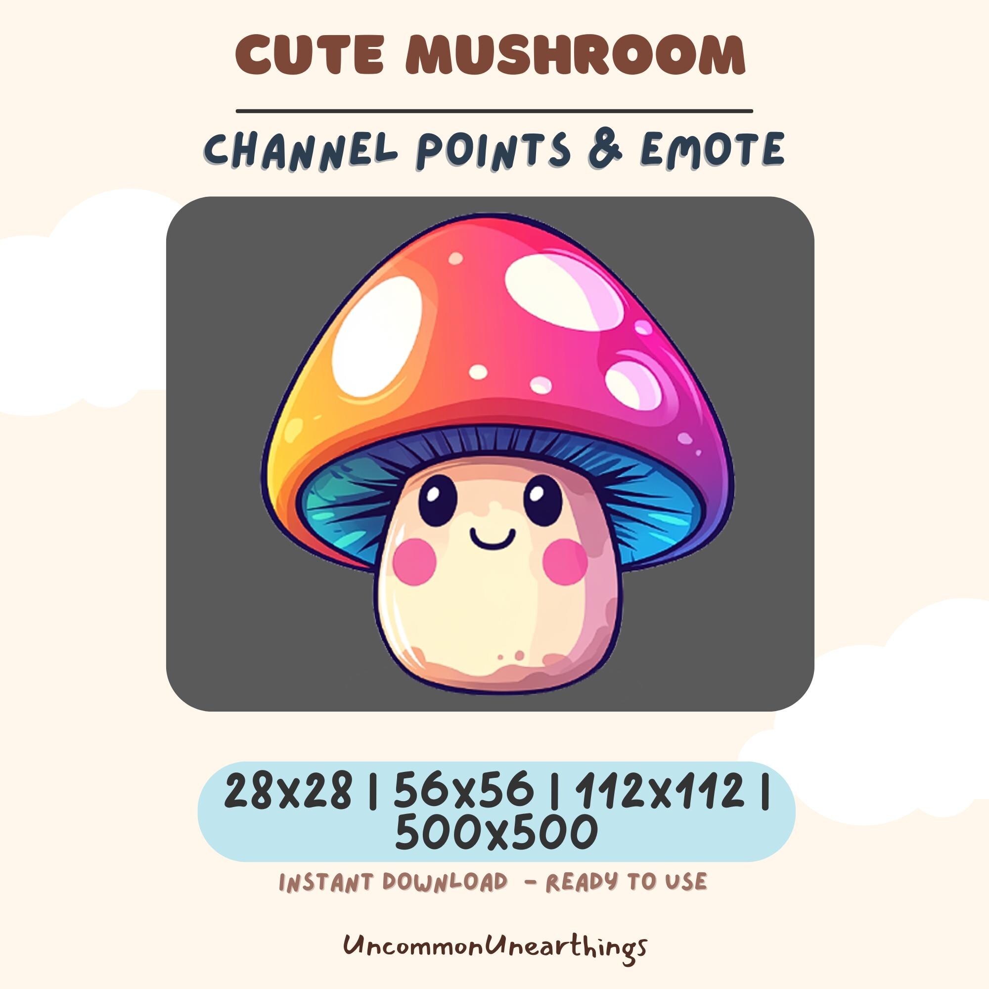 Cute mushroom channel points emote for Twitch and Discord, colorful kawaii design with happy face in multiple sizes