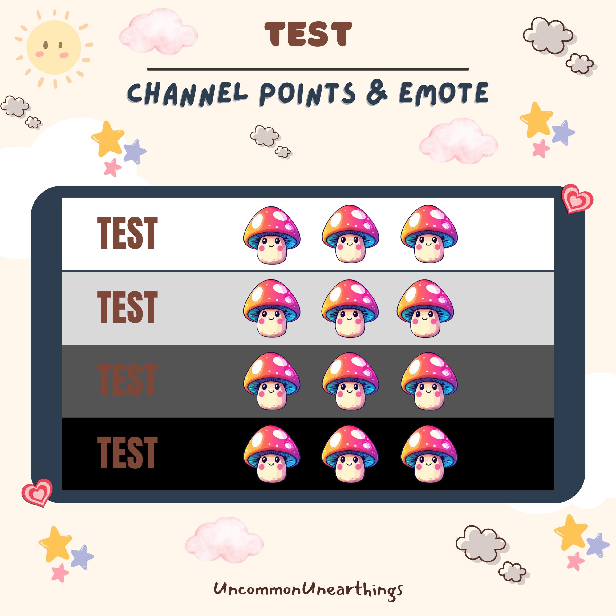 Cute mushroom emote set for Twitch and Discord channels showing channel points and different expressions