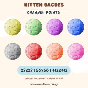 Colorful kitten bagde channel points emotes for Twitch and Discord streaming platforms in 8 vibrant colors