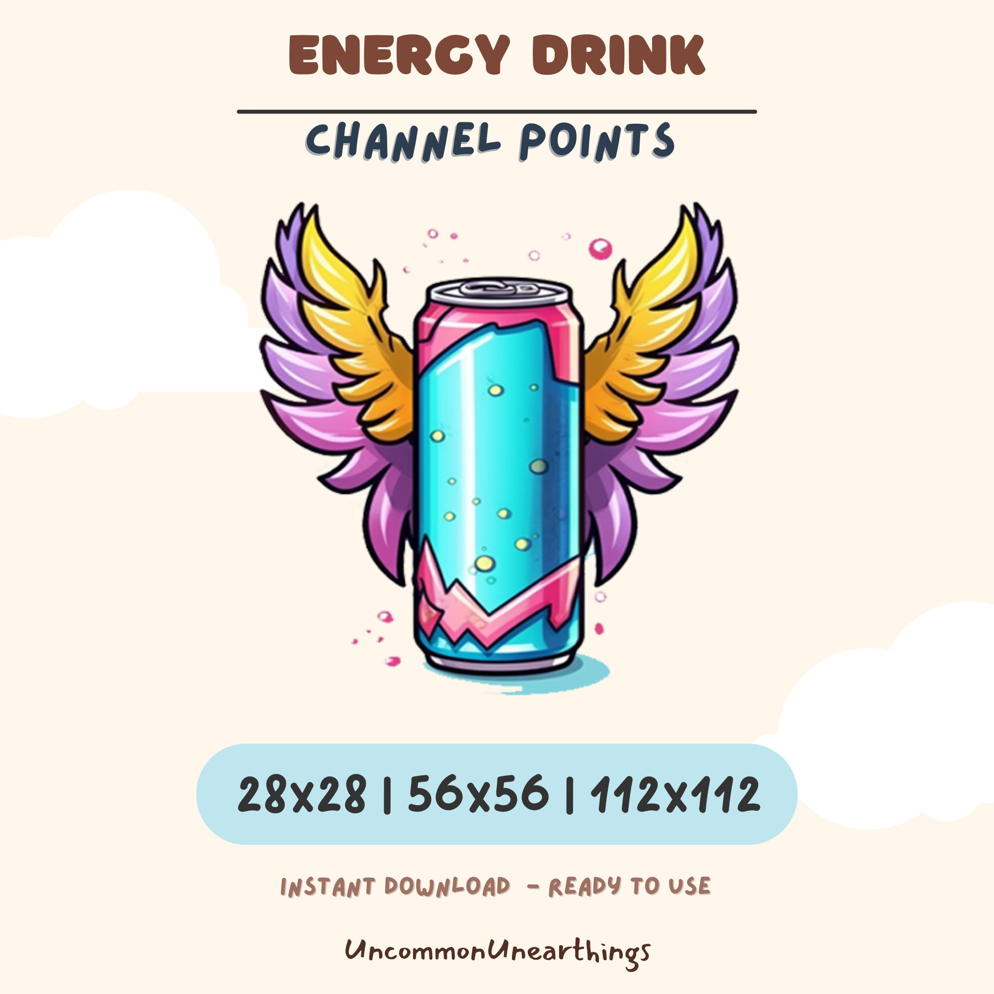 Colorful energy drink can with purple and gold wings, Twitch channel points emote in 28x28, 56x56, 112x112 pixels