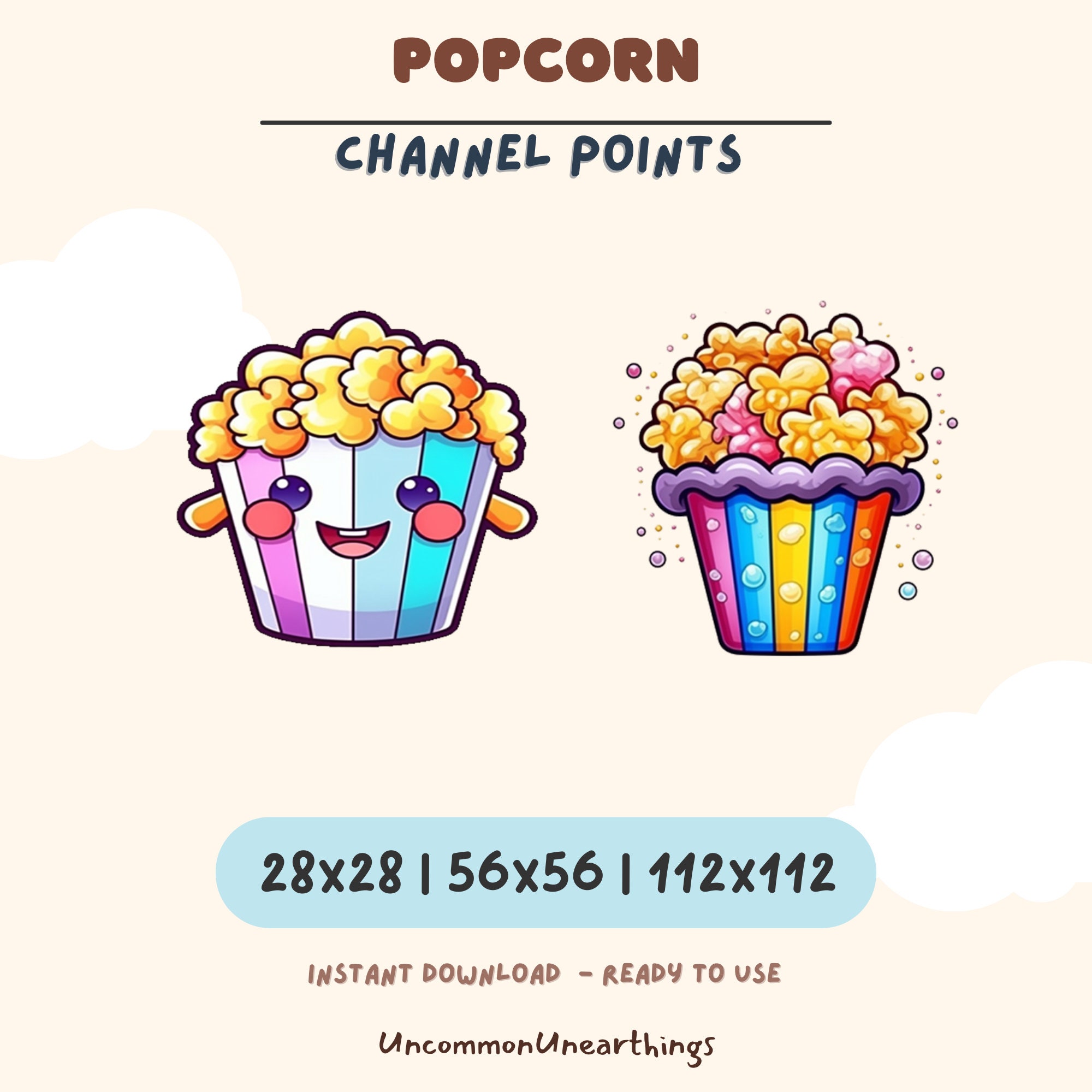 Cute popcorn emotes in 3 sizes for Twitch and Discord channels - happy character design PNG graphics