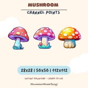 Colorful mushroom emotes for Twitch and Discord channels in three sizes: 28x28, 56x56, and 112x112 pixels. Instant download.