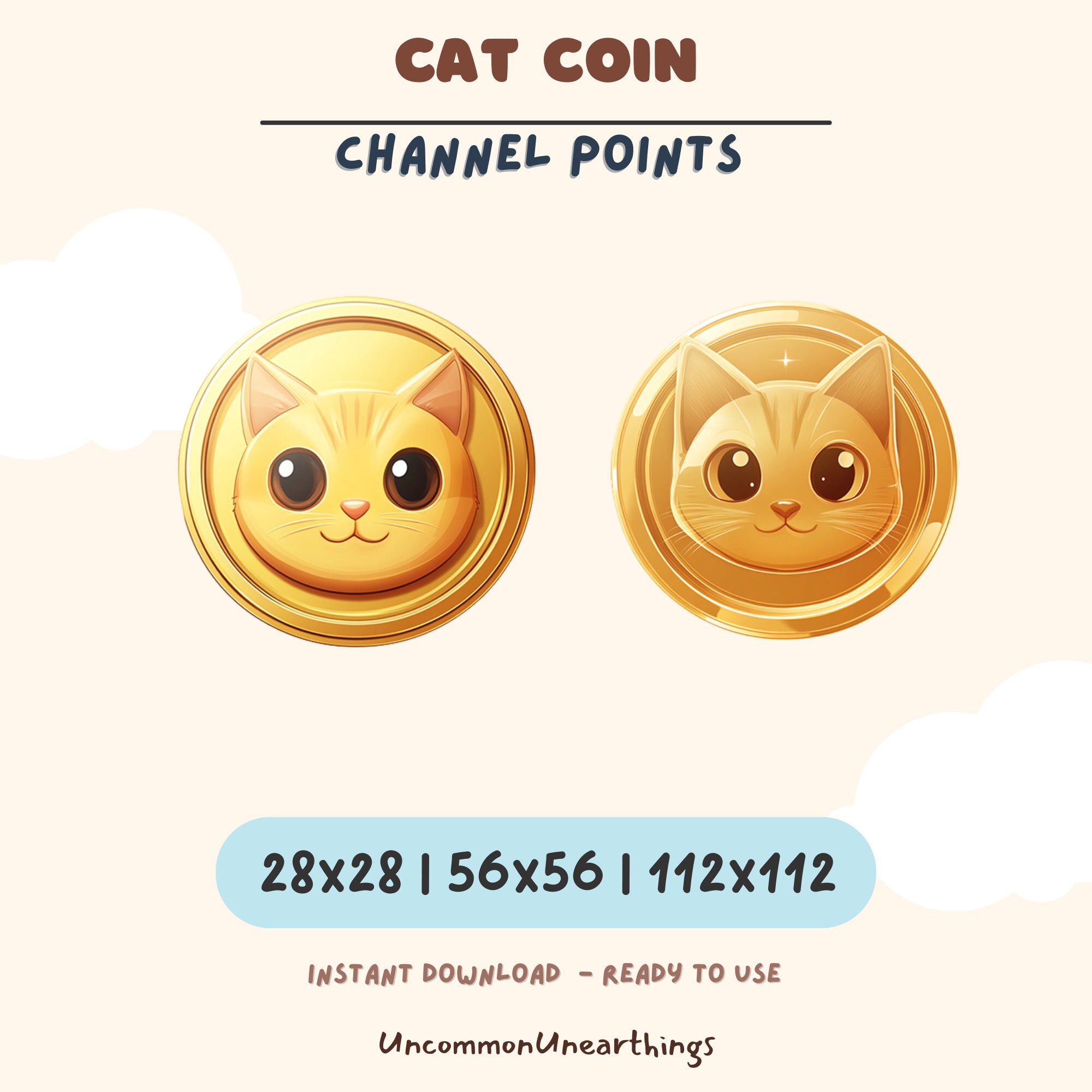 Cat Coin channel points emote pack for Twitch and Discord, 28x28 56x56 112x112 pixels, instant download