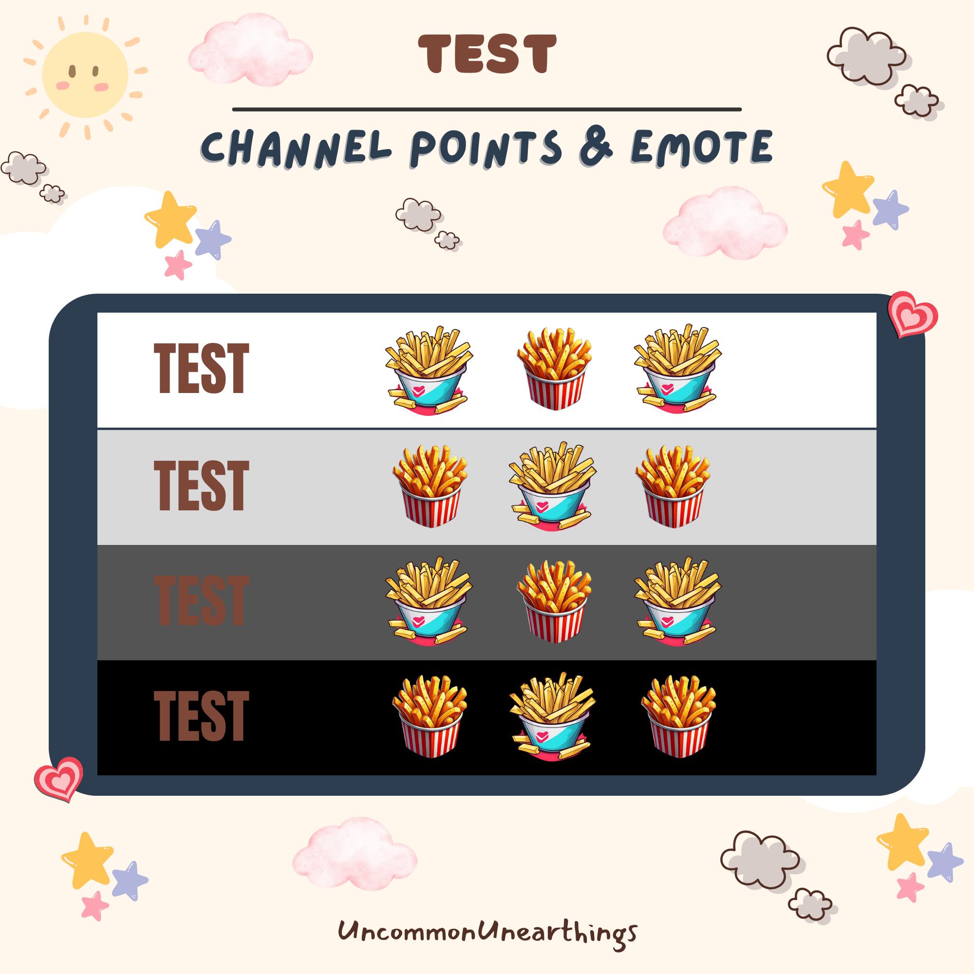 French fries emote pack for Twitch and Discord channel points, featuring colorful fast food emoticons in four design varia...