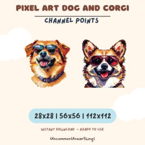 Pixel art dog and corgi channel points emotes in 28x28, 56x56, and 112x112 sizes wearing sunglasses