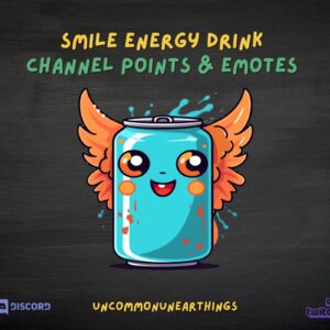 Smile Energy Drink mascot emote with wings, turquoise can, orange eyes, cheerful expression for Discord and Twitch channels