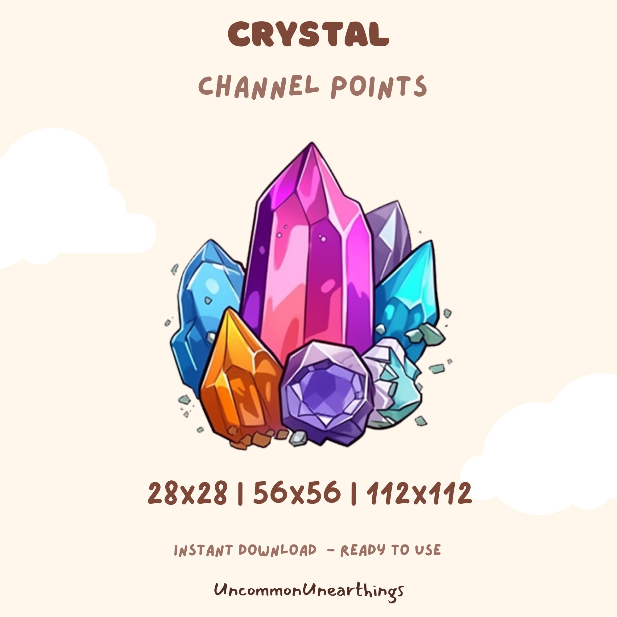 Colorful crystal cluster channel points emote for Twitch and Discord, available in 28x28, 56x56, and 112x112 pixel sizes
