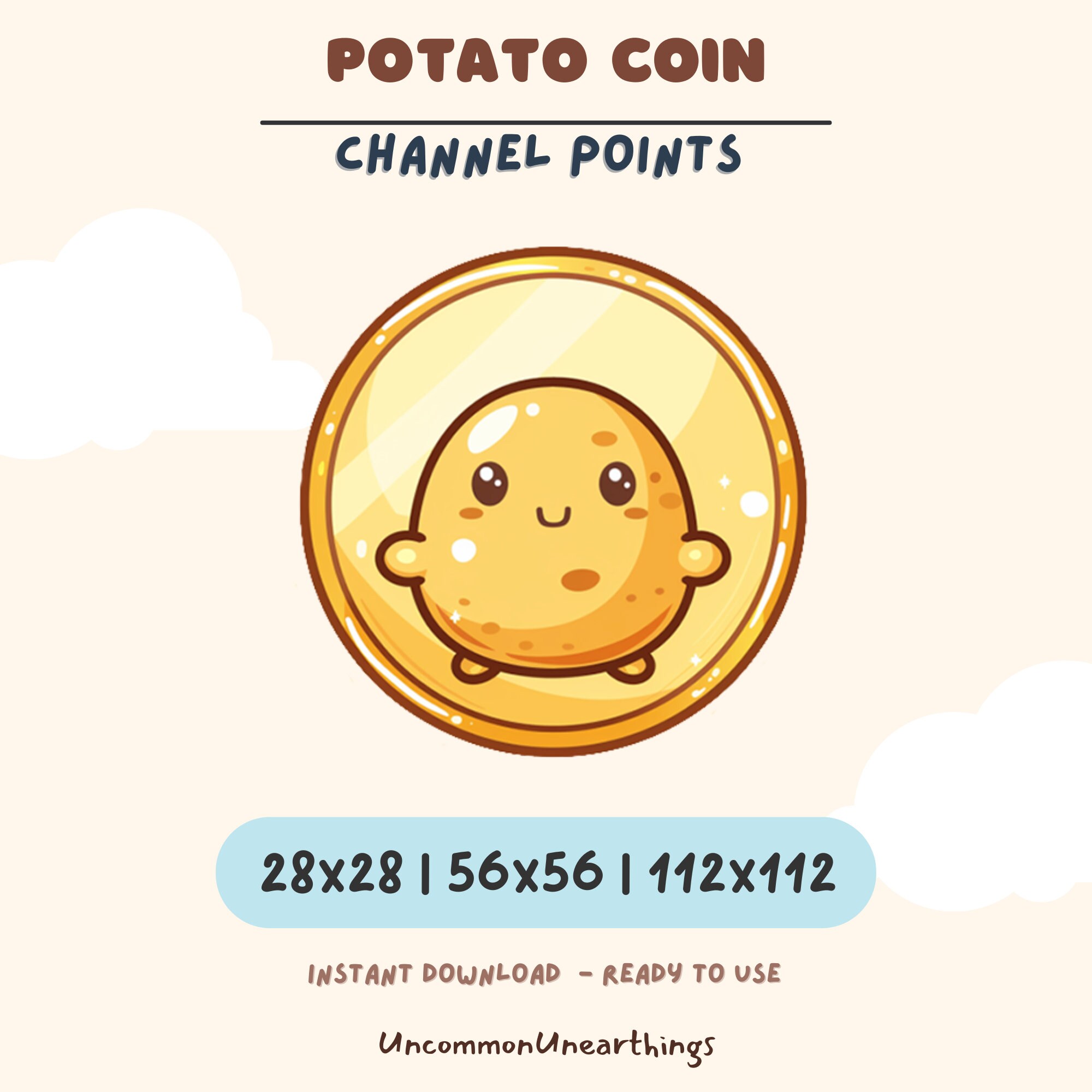Cute potato coin emote for Twitch and Discord in 28x28, 56x56, and 112x112 pixel sizes