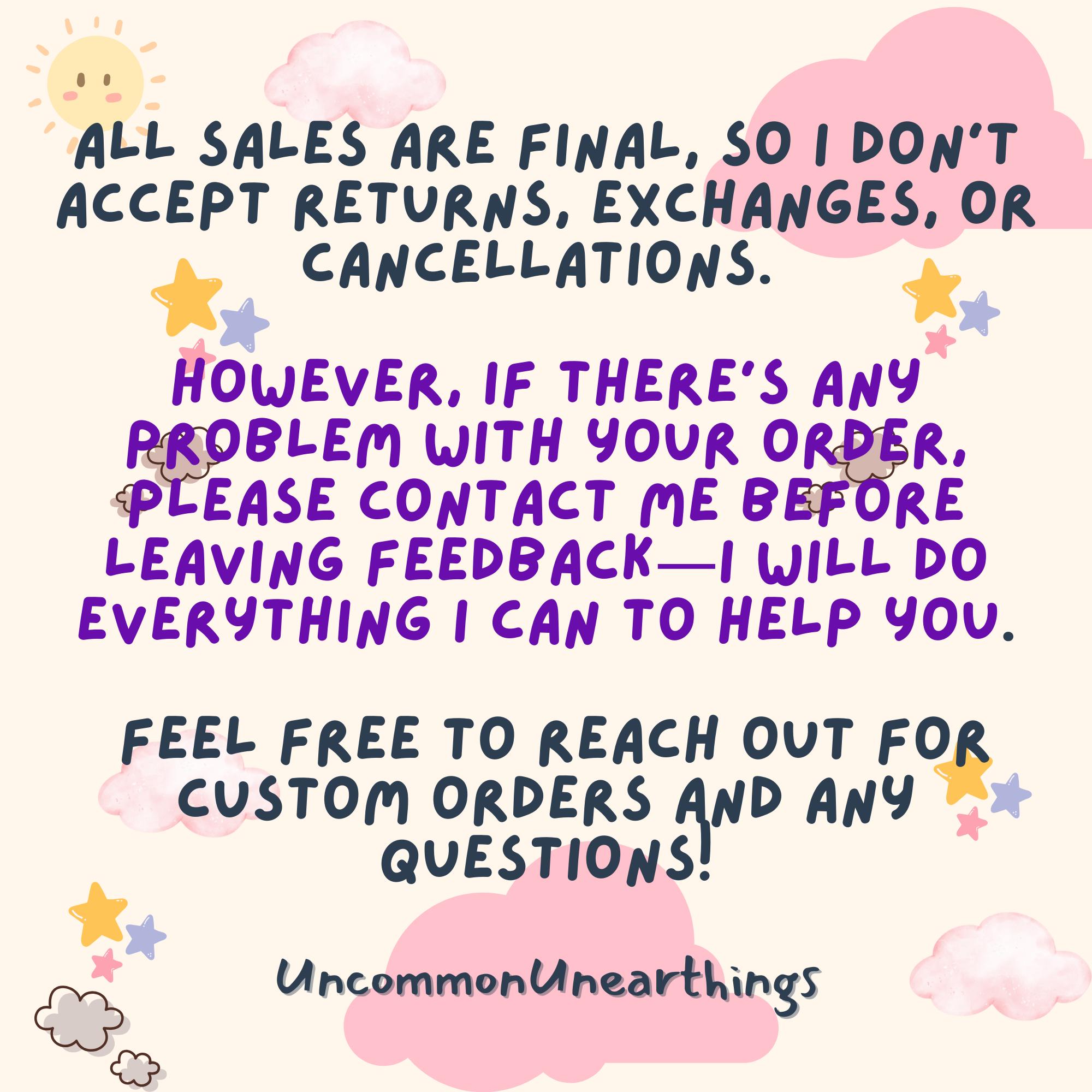 Pastel shop policy infographic with sun, clouds and stars stating all sales are final but offering customer support before...