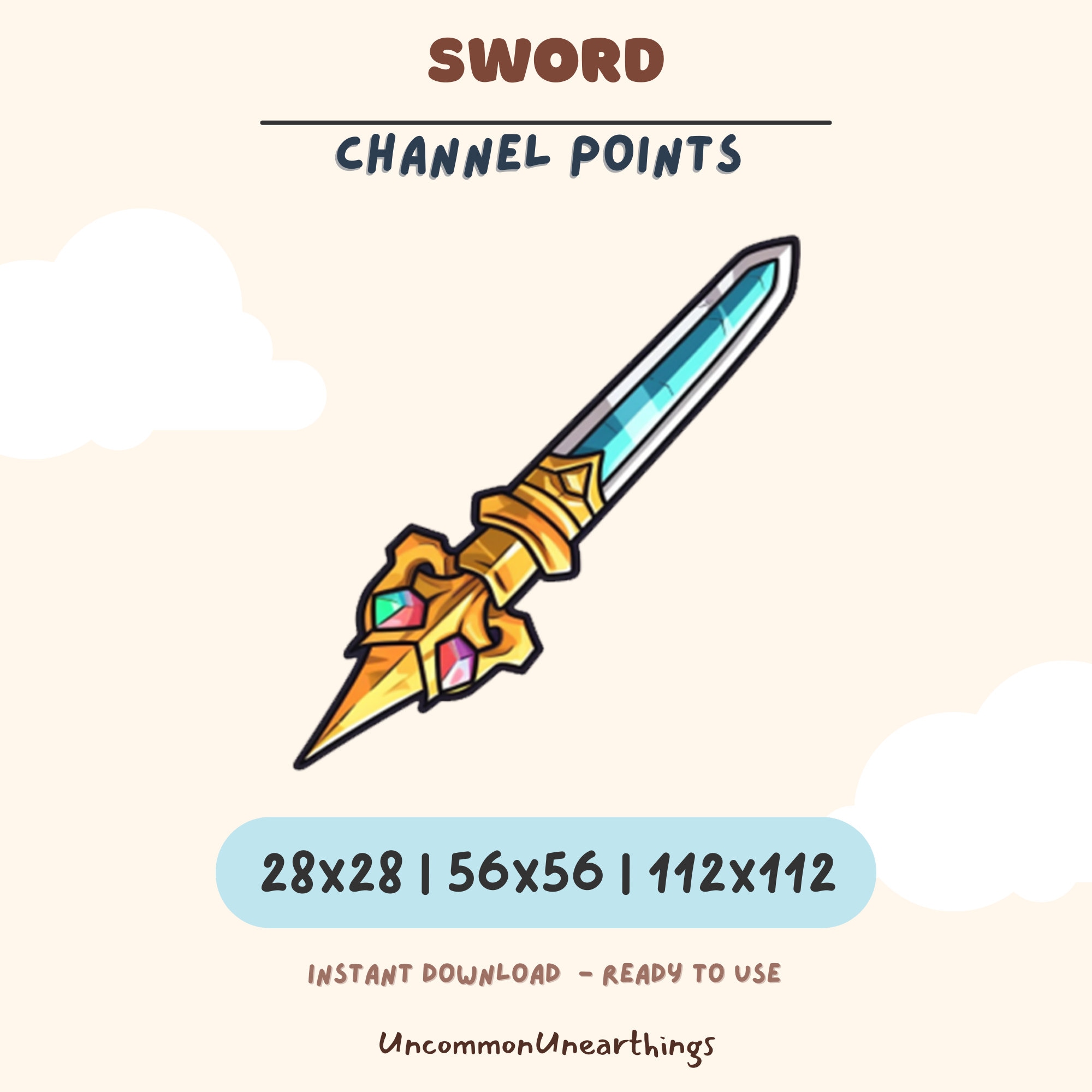 Sword channel points emote for Twitch and Discord, 28x28 56x56 112x112 pixel sizes, instant download