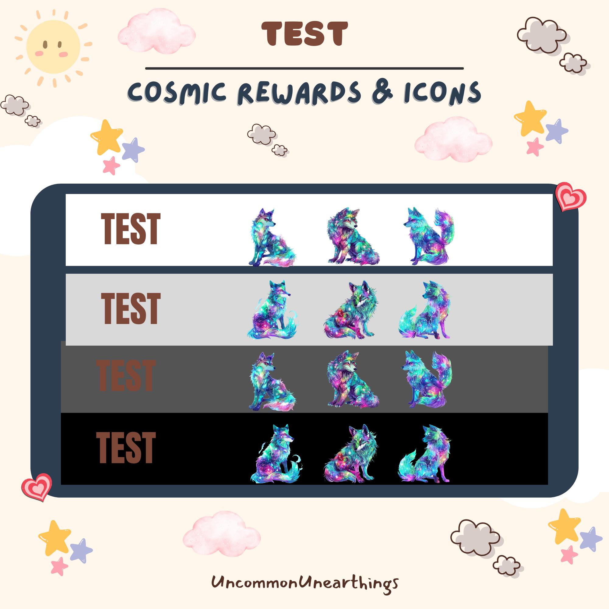 Cosmic wolf rewards icons in vibrant neon colors across four rarity tiers for Twitch streaming