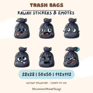 Cute kawaii trash bag emotes stickers pack - 6 funny faces for Twitch Discord streaming