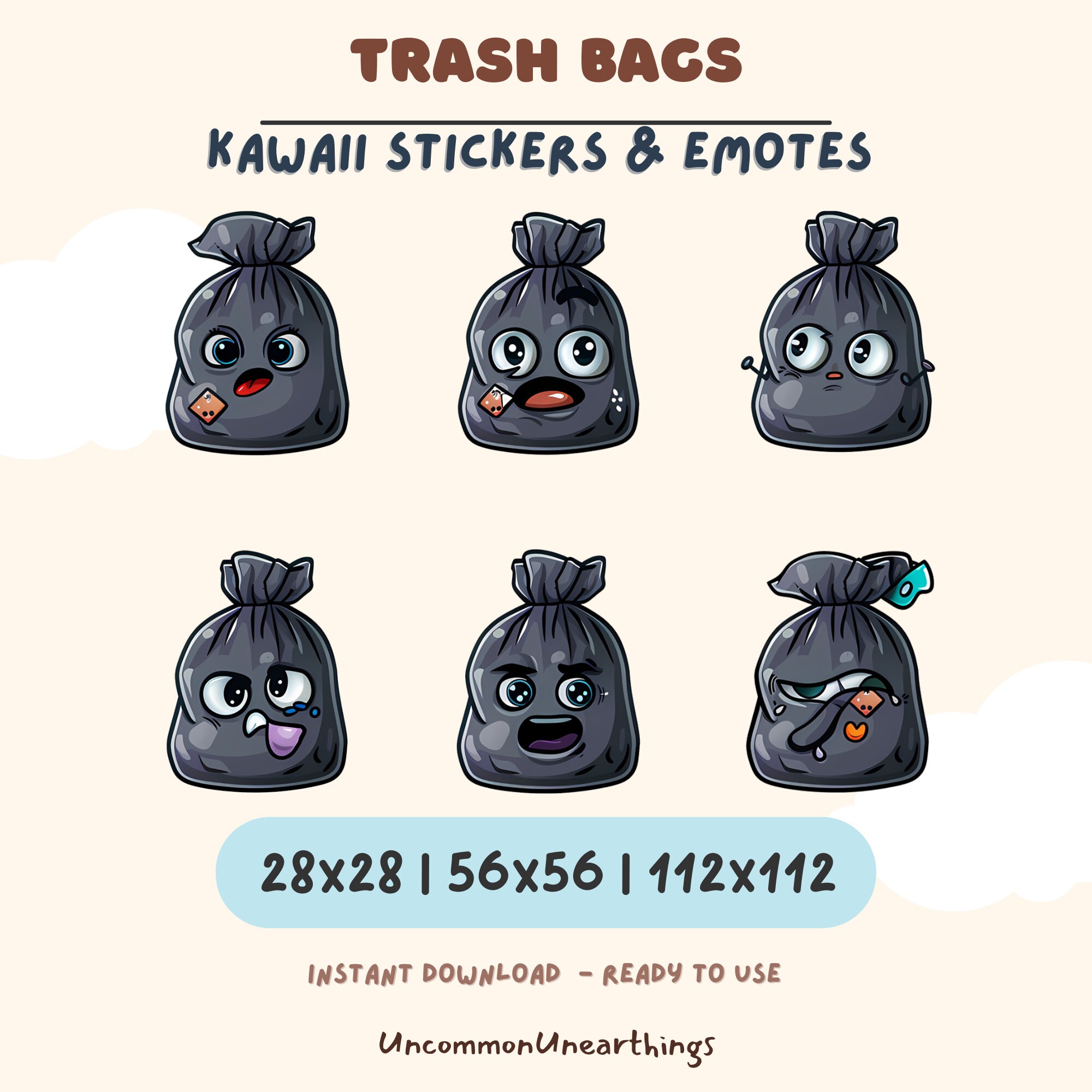 Cute kawaii trash bag emotes stickers pack - 6 funny faces for Twitch Discord streaming