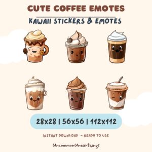 Cute kawaii coffee emotes stickers set - 6 adorable animated coffee cup characters with happy faces, instant download digi...