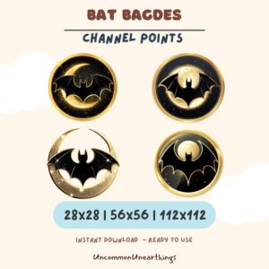 Bat Bagoes Channel Points emotes - 4 golden bat badges in 28x28, 56x56, 112x112 sizes for Twitch Discord streaming
