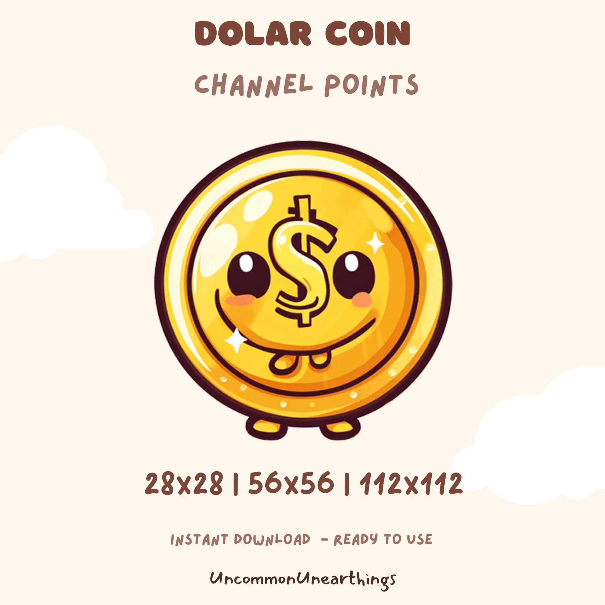 Cute dollar coin emote with happy face, yellow gold design for Twitch Discord channel points rewards