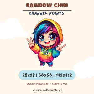 Rainbow Chibi emote with colorful hair, peace signs, available in 28x28, 56x56, 112x112 pixels for Twitch Discord