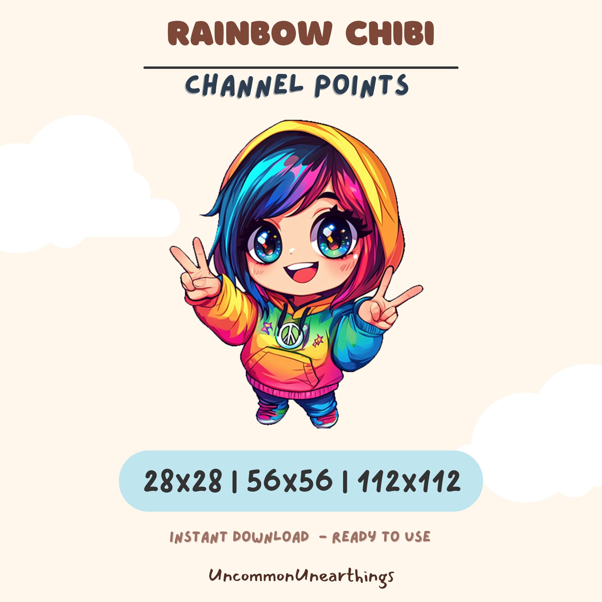 Rainbow Chibi emote with colorful hair, peace signs, available in 28x28, 56x56, 112x112 pixels for Twitch Discord