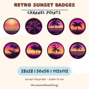 Retro sunset badge emotes with palm trees and horizontal lines in pink, purple, and orange colors for Twitch and Discord c...