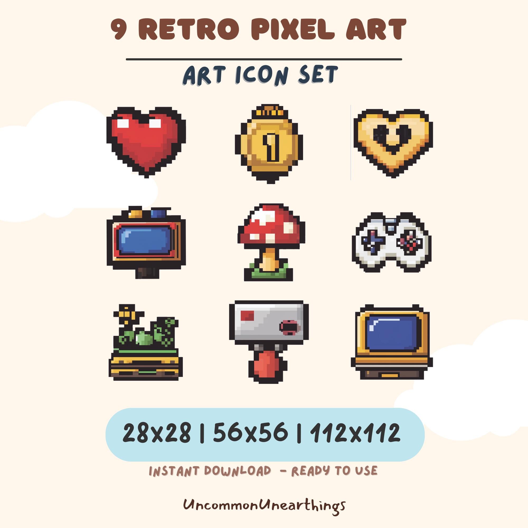 9 retro pixel art icons: heart, coin, love heart, TV, mushroom, gamepad, flower pot, sign, computer screen