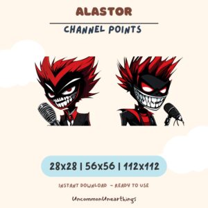 Alastor channel points emote set - red demon character with microphone in 28x28, 56x56, 112x112 pixels for Twitch Discord