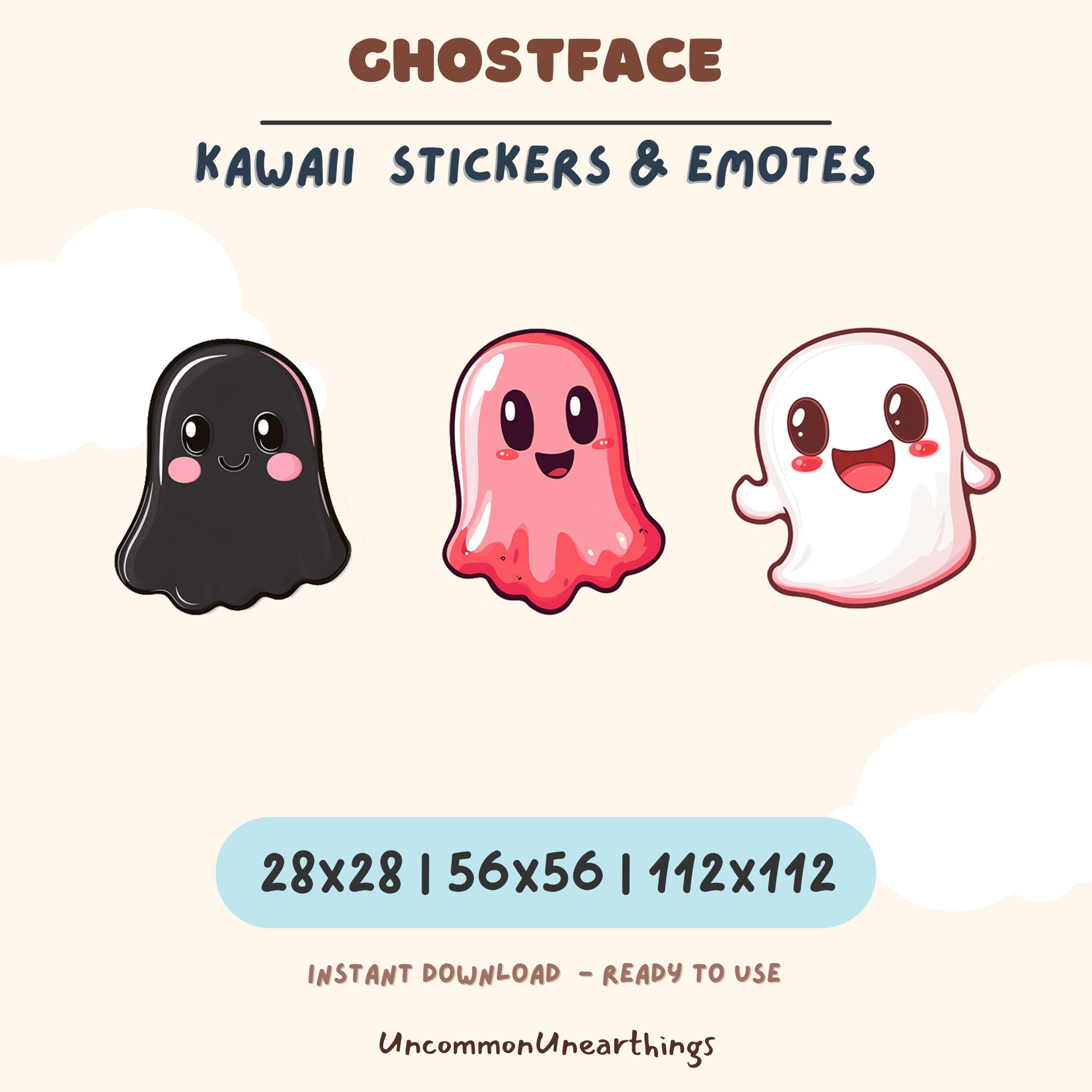 Cute kawaii ghost stickers and emotes in black, pink, and white for Twitch and Discord streaming