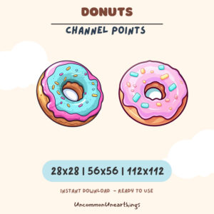 Colorful donut emotes with pink and blue frosting, sprinkles for Twitch Discord streaming channels in 28x28 56x56 112x112 ...