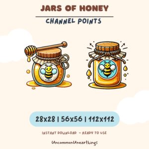 Cute honey jar emotes with bee designs for Twitch and Discord channels, available in 28x28, 56x56, and 112x112 sizes