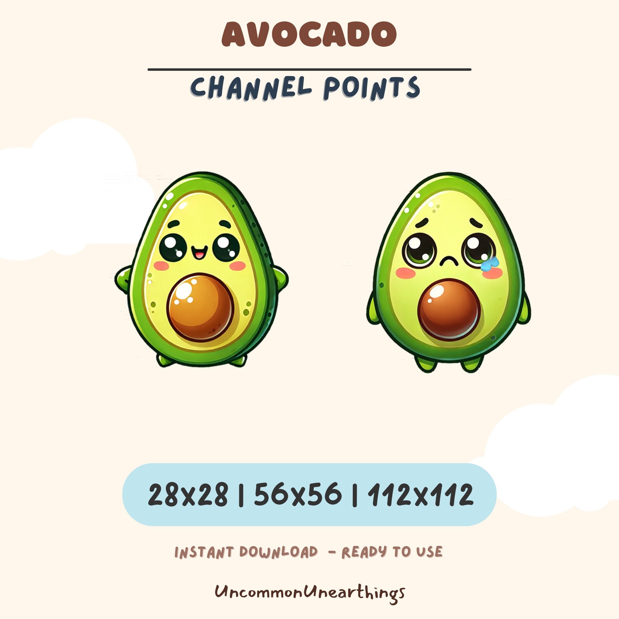 Cute avocado channel points emote for Twitch and Discord, happy and sad expressions, instant download 28x28 to 112x112 pixels
