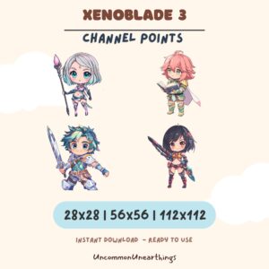 Xenoblade 3 chibi character emotes in 3 sizes: 28x28, 56x56, 112x112 pixels for Twitch and Discord