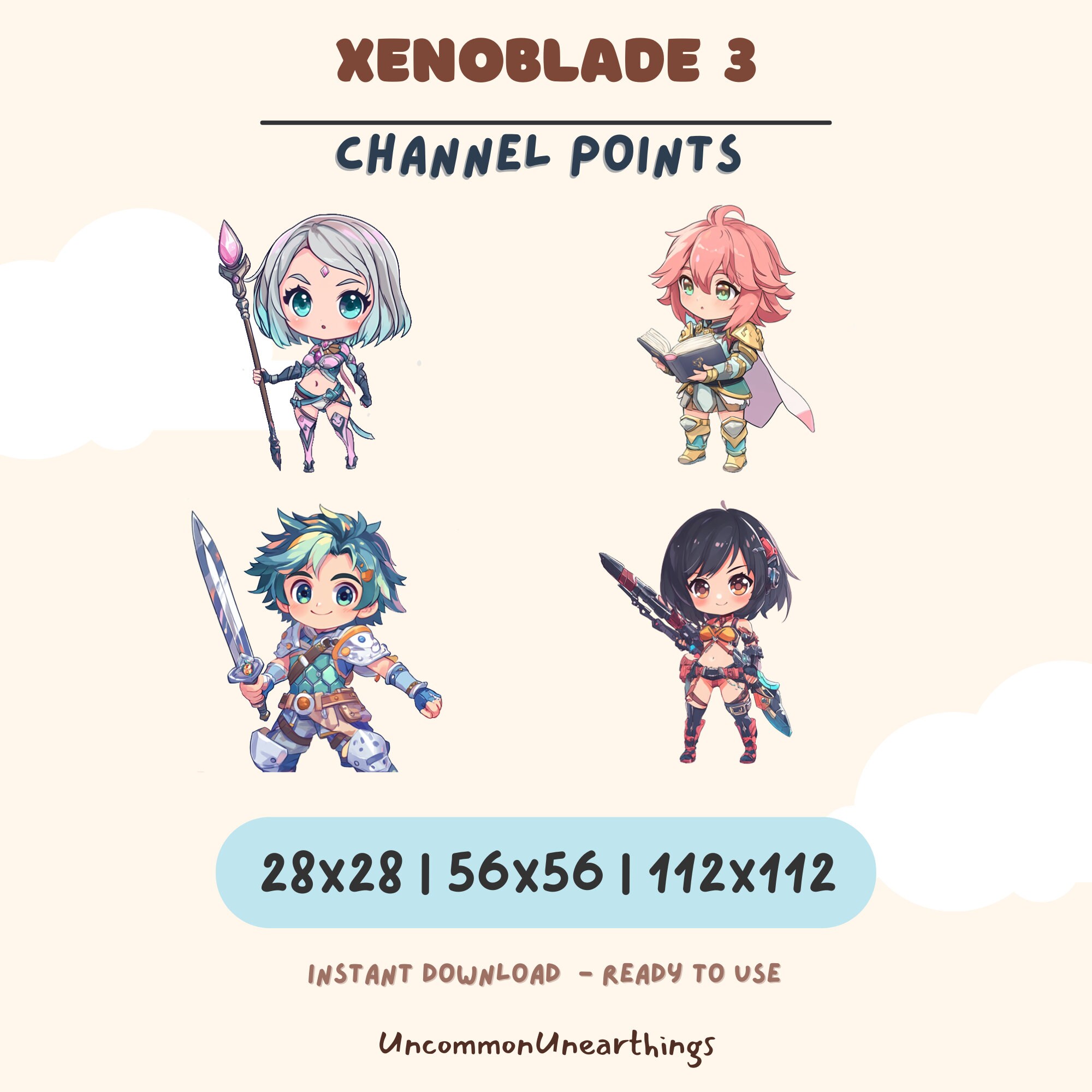 Xenoblade 3 chibi character emotes in 3 sizes: 28x28, 56x56, 112x112 pixels for Twitch and Discord