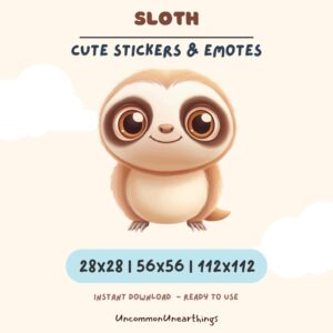 Cute sloth emote sticker in 3 sizes for Twitch Discord - brown and cream cartoon sloth character with big eyes