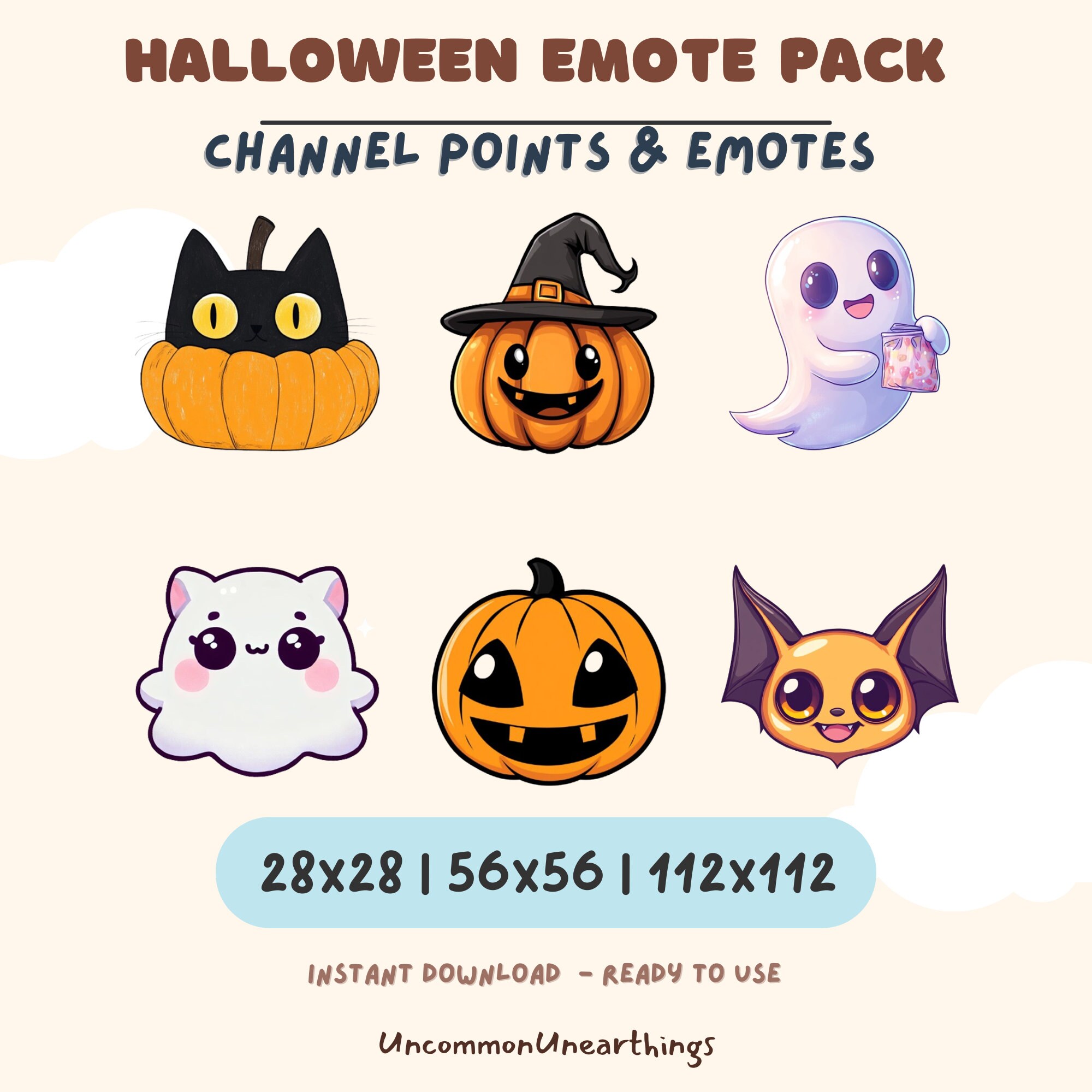 Halloween emote pack featuring cute cat, pumpkin, ghost, cloud, bat characters in 28x28, 56x56, 112x112 sizes for Twitch D...