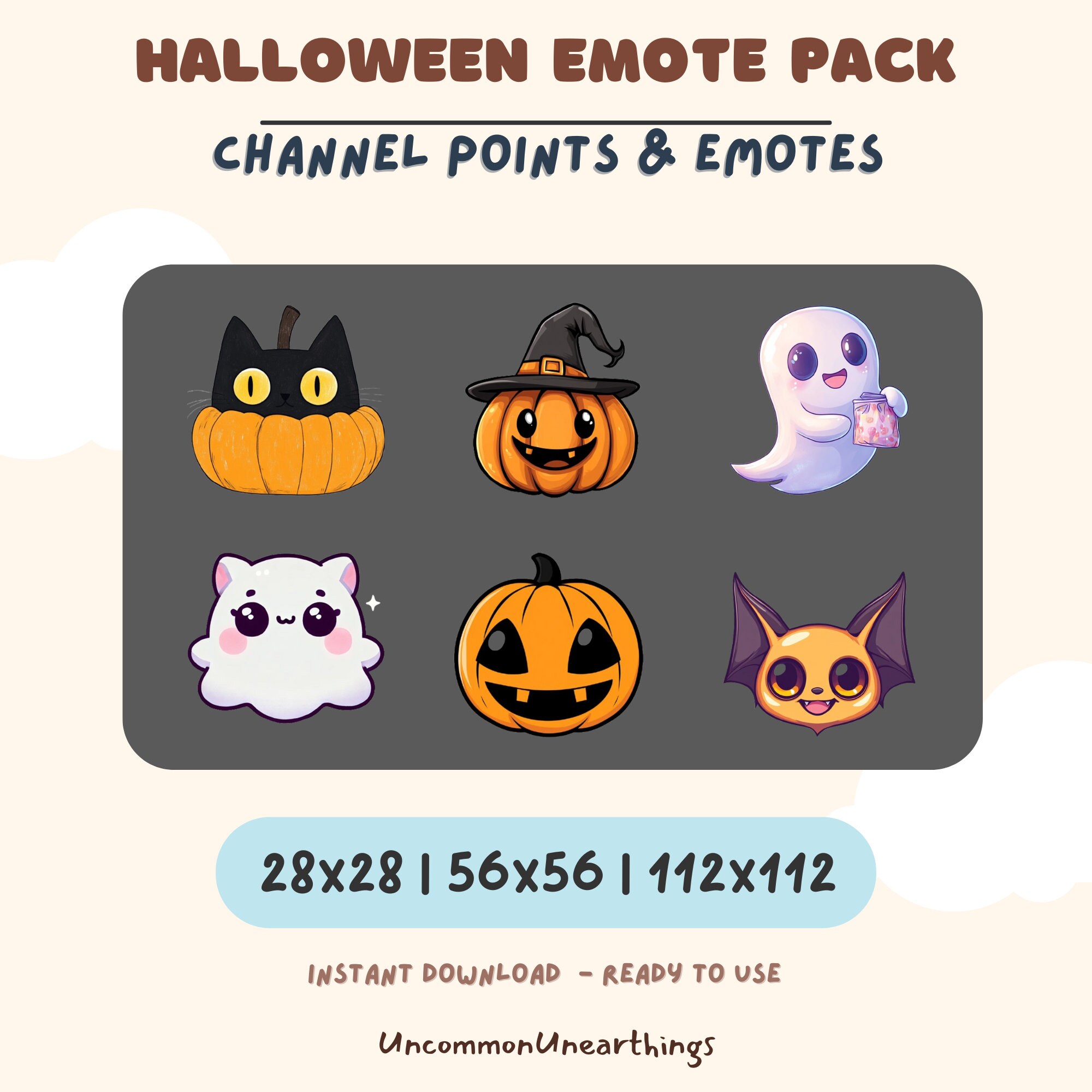 Halloween emote pack with 6 cute spooky characters including cat pumpkin, jack-o-lantern, ghost, and bat emotes for Twitch...