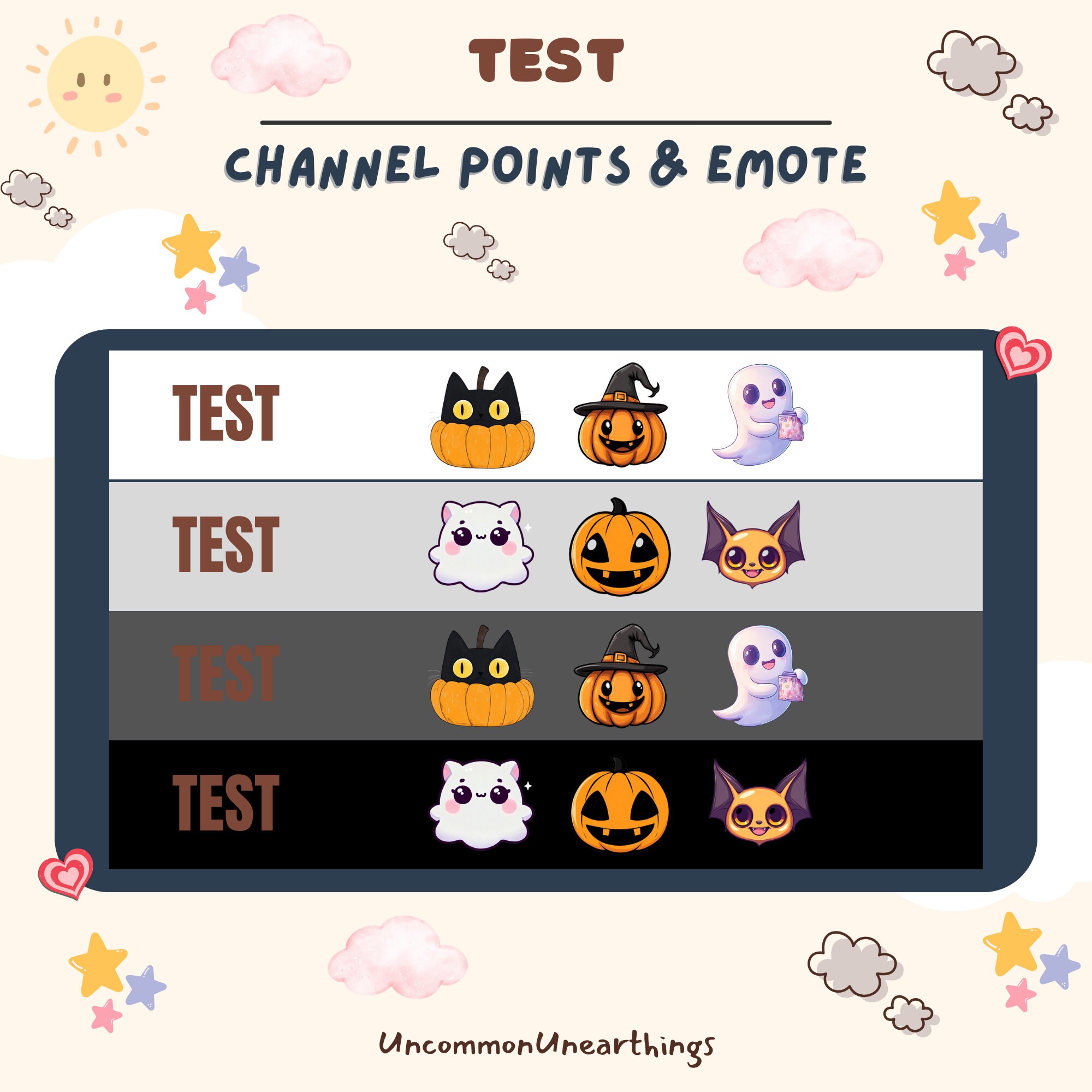 Halloween emote pack featuring black cat, pumpkins, ghost, and bat characters for Twitch and Discord channel points