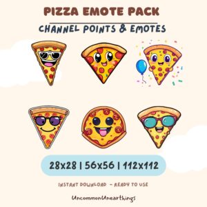 Pizza emote pack for Twitch and Discord - 6 cute cartoon pizza slice characters with sunglasses and happy expressions
