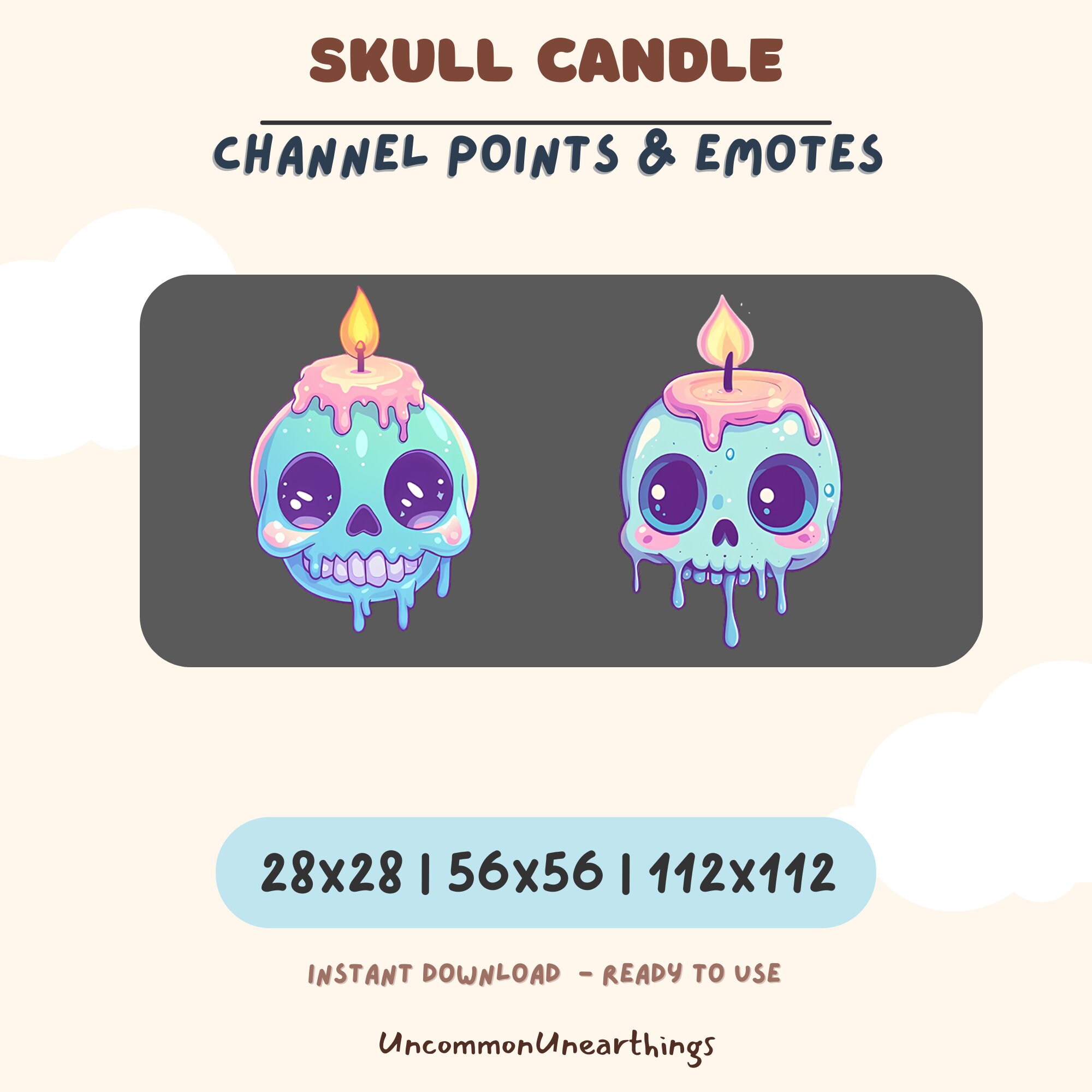 Skull candle emotes with dripping wax, glowing eyes, and lit flames in turquoise and pink colors for Twitch and Discord ch...