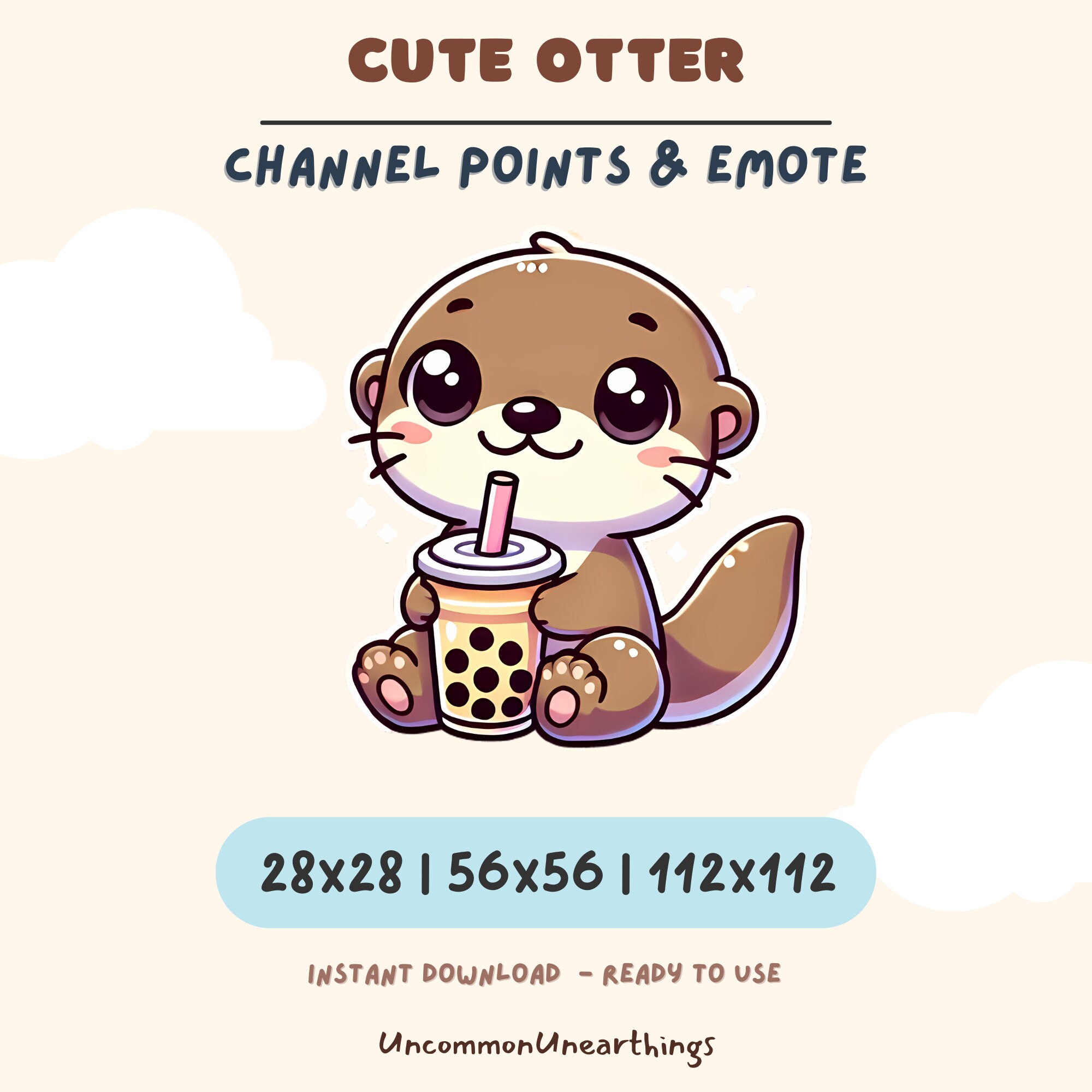 Cute otter drinking boba tea Twitch Discord emote, channel points and custom emote art 28x28 56x56 112x112 pixels
