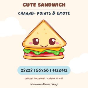Cute sandwich emote with channel points and blushing face expression, 28x28 56x56 112x112 pixels