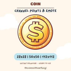Gold coin emote for Twitch and Discord channels, 28x28 to 112x112 pixels, instant download