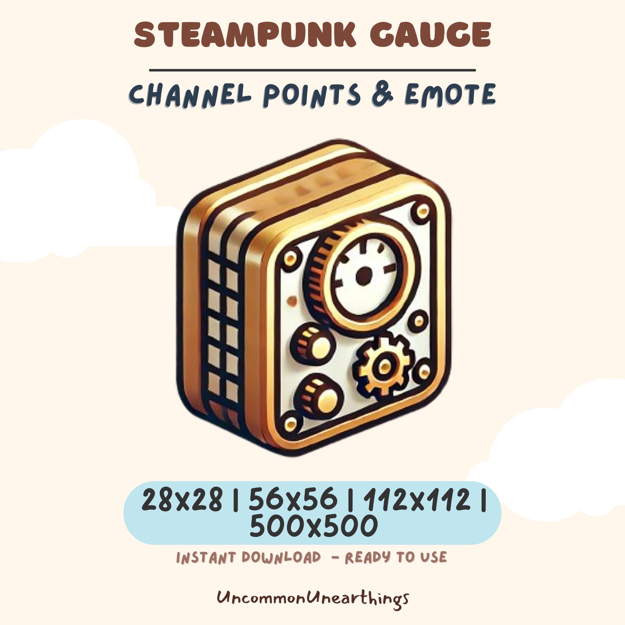 Steampunk gauge twitch emote with brass gears and dials in 28x28 to 500x500 pixels instant download